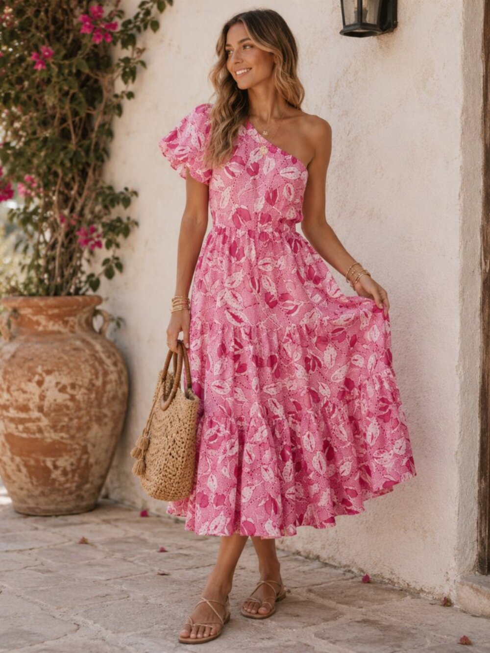 J. Marie One Shoulder Midi Dress Womens L Pink Floral NWT Resort Cocktail Chic